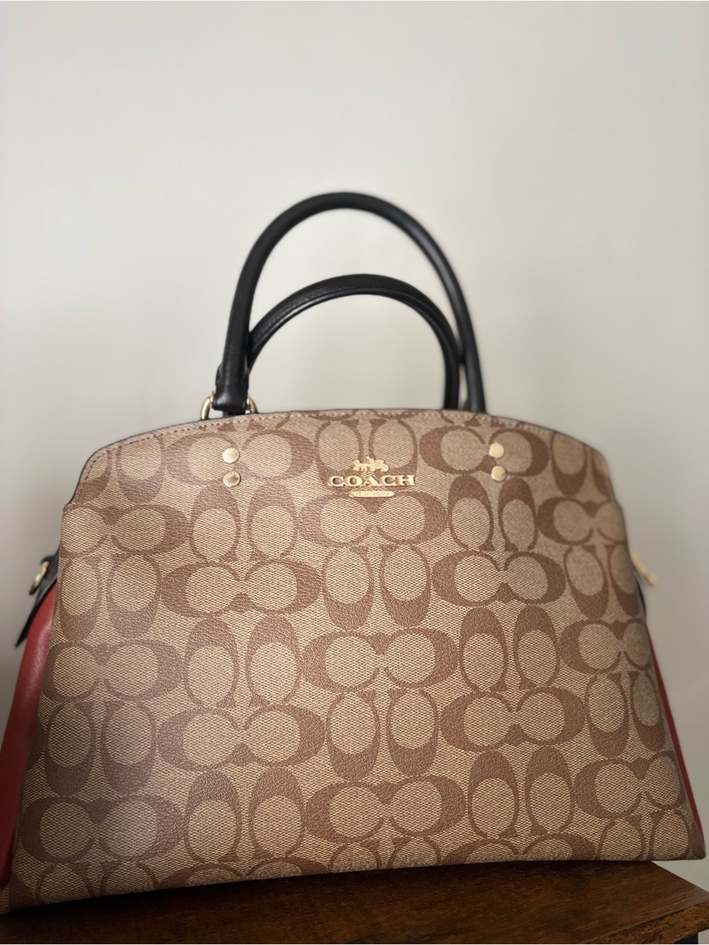 Coach Brown Signature Dome Satchel with Red Panels and Black Handles